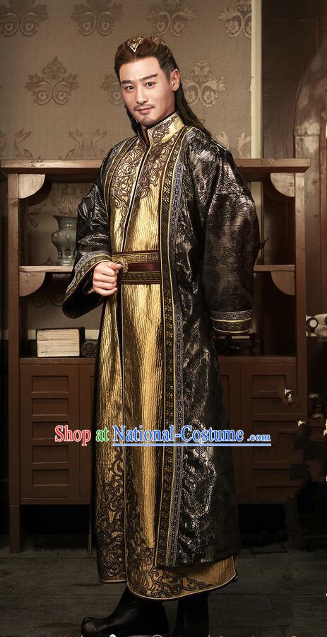 Traditional Chinese Ancient Old Men Embroidered Costumes, Ancient Chinese Cosplay Majesty Swordsmen Knight Costume Complete Set for Men