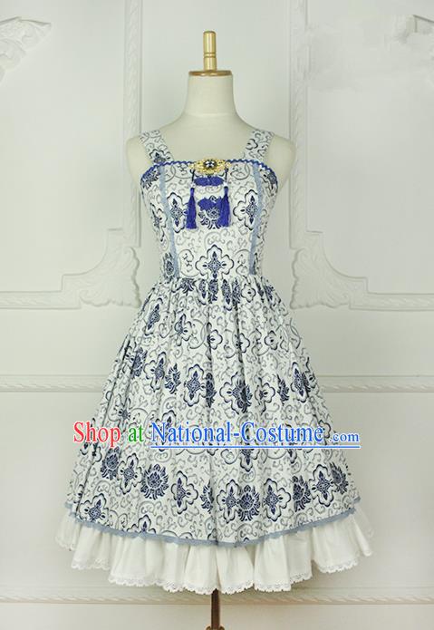 Traditional Classic Chinese Elegant Women Costume Blue and White Porcelain One-Piece Dress, Chinese Cheongsam Restoring Ancient Princess Braces Skirt for Women