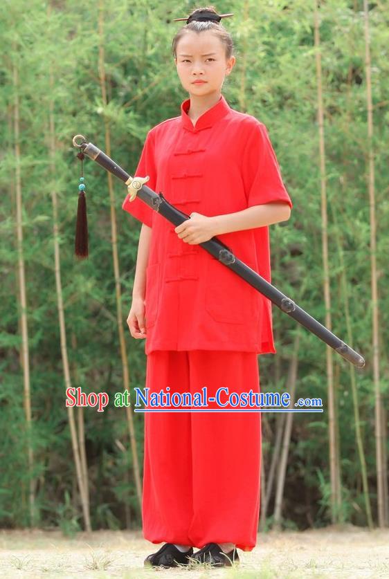 Traditional Chinese Wudang Linen Uniform Taoist Nun Uniform Kungfu Kung Fu Clothing Clothes Pants Shirt Supplies Wu Gong Outfits, Chinese Short-Sleeve Tang Suit Wushu Clothing Tai Chi Suits Uniforms for Women