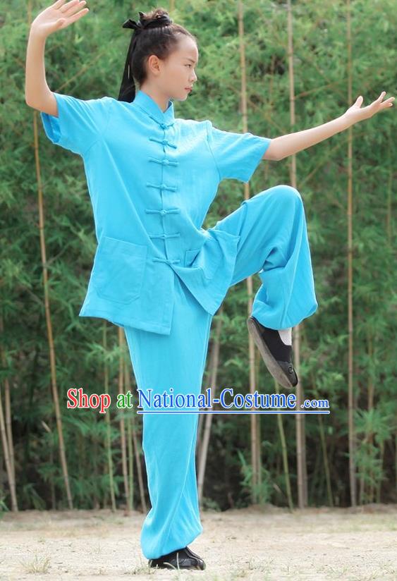 Traditional Chinese Wudang Linen Uniform Taoist Nun Uniform Kungfu Kung Fu Clothing Clothes Martial Pants Shirt Supplies Wu Gong Outfits, Chinese Short-Sleeve Tang Suit Wushu Clothing Tai Chi Suits Uniforms for Women