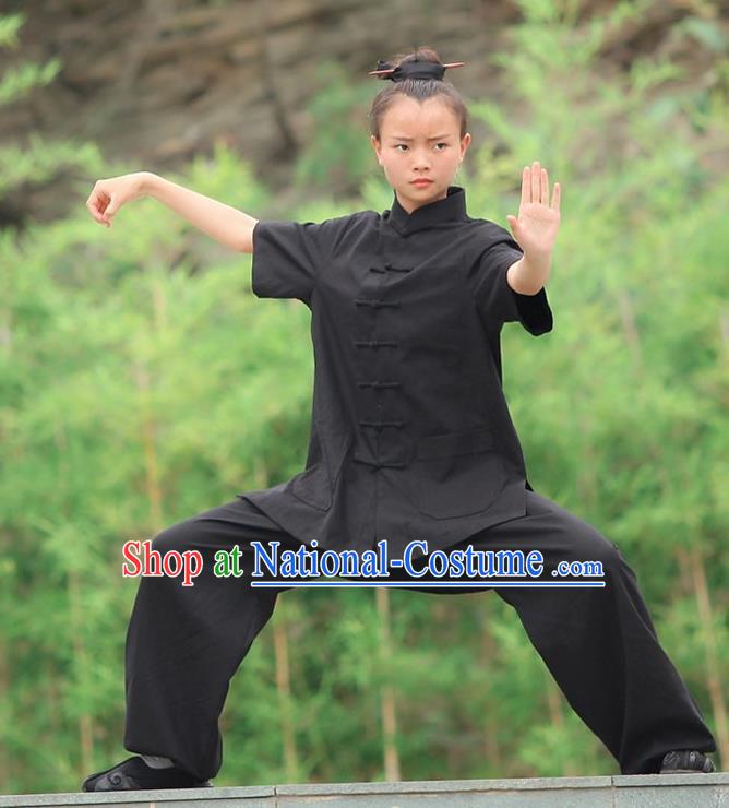 Traditional Chinese Wudang Linen Uniform Taoist Nun Uniform Kungfu Kung Fu Clothing Clothes Martial Pants Shirt Supplies Wu Gong Outfits, Chinese Short-Sleeve Tang Suit Wushu Clothing Tai Chi Suits Uniforms for Women