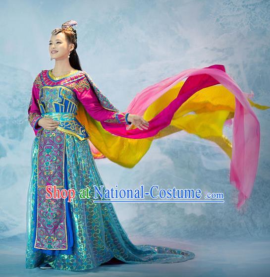 Traditional Chinese Minority Nationality Costumes Ancient Imperial Princess Wedding Costumes, Ancient Chinese Cosplay Queen Princess Costume and Hair Accessories Complete Set for Women