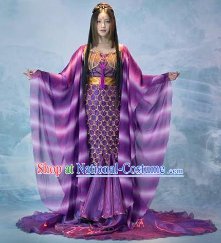 Traditional Chinese Minority Nationality Costumes Ancient Imperial Princess Wedding Costumes, Ancient Chinese Cosplay Queen Princess Fish Tail Costume and Hair Accessories Complete Set for Women