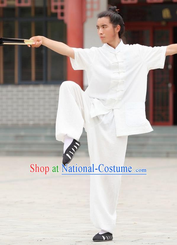 Traditional Chinese Wudang Uniform Taoist Uniform Priest Frock Complete Set Linen Kungfu Kung Fu Short Sleeve Clothing Clothes Pants Slant Opening Shirt Supplies Wu Gong Outfits, Chinese Tang Suit Wushu Clothing Tai Chi Suits Uniforms for Men