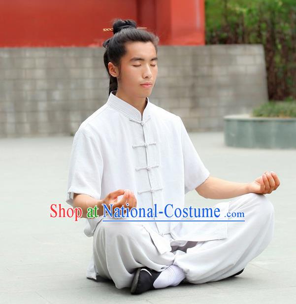 Traditional Chinese Wudang Uniform Taoist Uniform Priest Frock Complete Set Linen Kungfu Kung Fu Short Sleeve Clothing Clothes Pants Slant Opening Shirt Supplies Wu Gong Outfits, Chinese Tang Suit Wushu Clothing Tai Chi Suits Uniforms for Men