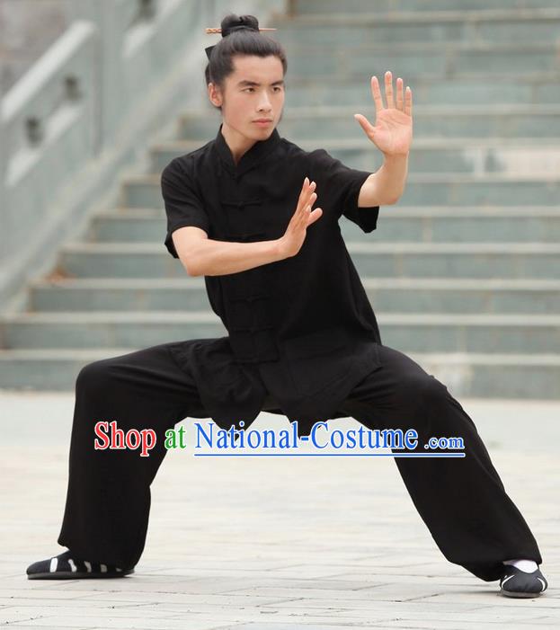 Traditional Chinese Wudang Uniform Taoist Uniform Priest Frock Complete Set Linen Kungfu Kung Fu Short Sleeve Clothing Clothes Pants Slant Opening Shirt Supplies Wu Gong Outfits, Chinese Tang Suit Wushu Clothing Tai Chi Suits Uniforms for Men