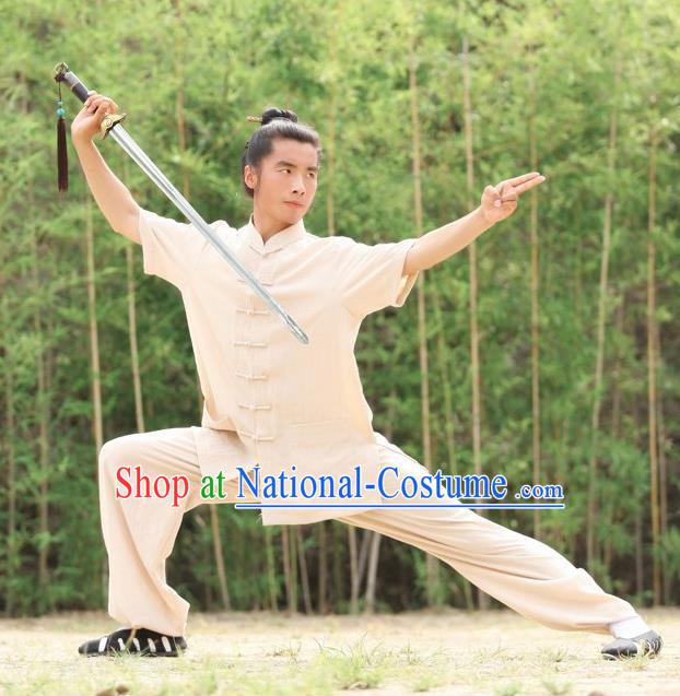 Traditional Chinese Wudang Uniform Taoist Uniform Priest Frock Complete Set Linen Kungfu Kung Fu Short Sleeve Clothing Clothes Pants Slant Opening Shirt Supplies Wu Gong Outfits, Chinese Tang Suit Wushu Clothing Tai Chi Suits Uniforms for Men