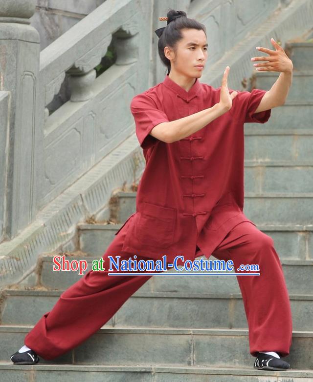 Traditional Chinese Wudang Uniform Taoist Uniform Priest Frock Complete Set Linen Kungfu Kung Fu Short Sleeve Clothing Clothes Pants Slant Opening Shirt Supplies Wu Gong Outfits, Chinese Tang Suit Wushu Clothing Tai Chi Suits Uniforms for Men