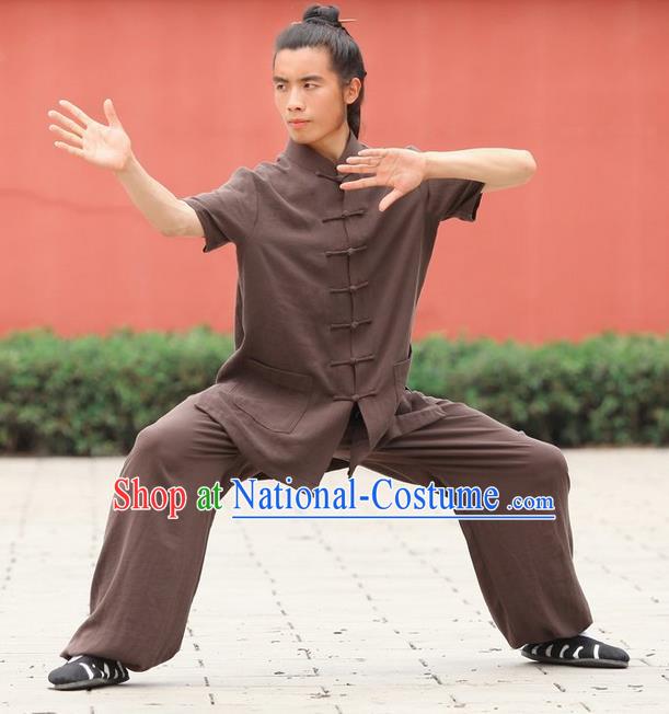 Traditional Chinese Wudang Uniform Taoist Uniform Priest Frock Complete Set Linen Kungfu Kung Fu Short Sleeve Clothing Clothes Pants Slant Opening Shirt Supplies Wu Gong Outfits, Chinese Tang Suit Wushu Clothing Tai Chi Suits Uniforms for Men