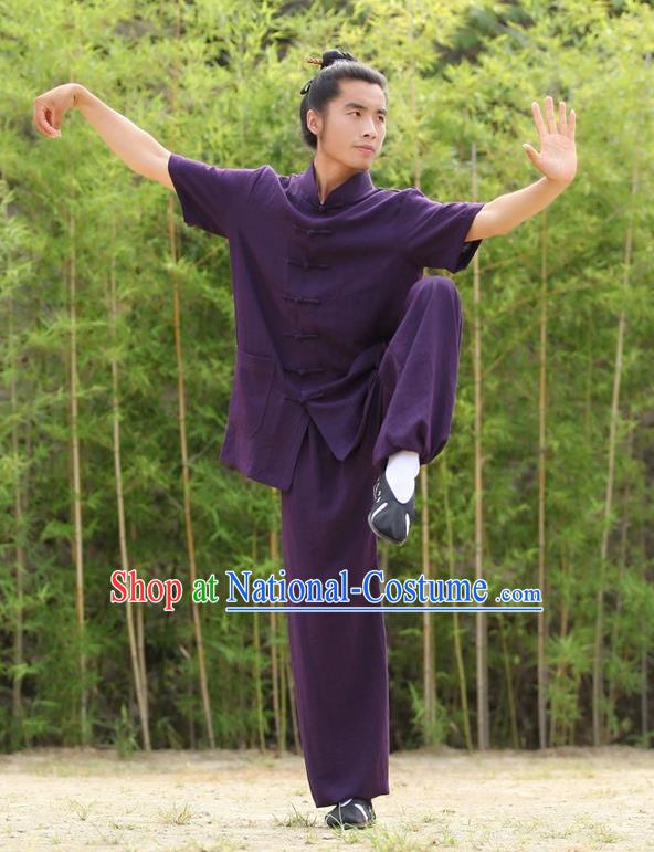 Traditional Chinese Wudang Uniform Taoist Uniform Priest Frock Complete Set Linen Kungfu Kung Fu Short Sleeve Clothing Clothes Pants Slant Opening Shirt Supplies Wu Gong Outfits, Chinese Tang Suit Wushu Clothing Tai Chi Suits Uniforms for Men