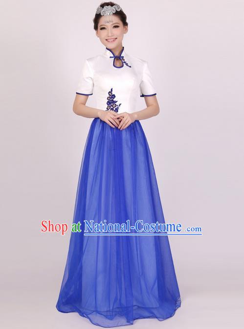 Traditional Chinese Classical Blue and White Porcelain Modern Dance Cheongsam Dress, Yangge Fan Dancing Costume Chorus Suits, Folk Dance Yangko Costume for Women