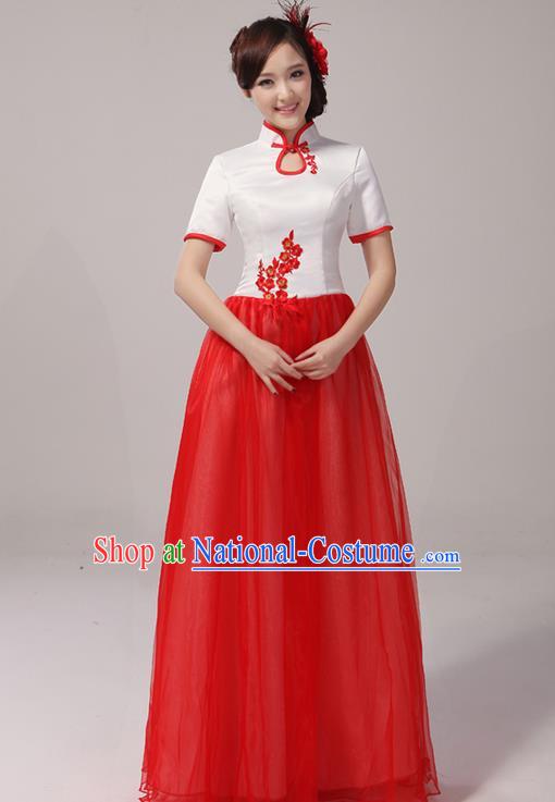 Traditional Chinese Classical Blue and White Porcelain Modern Dance Cheongsam Dress, Yangge Fan Dancing Costume Chorus Suits, Folk Dance Yangko Costume for Women