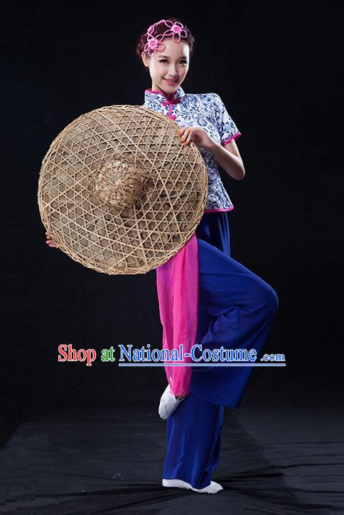 Traditional Chinese Classical Yangko Blue and White Porcelain Dance Clothing, Yangge Fan Dancing Costume Suits, Folk Dance Yangko Costume for Women