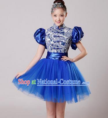 Traditional Chinese Classical Modern Dance Blue and White Porcelain Dress, Yangge Fan Dancing Costume Umbrella Dance Suits, Folk Dance Yangko Costume for Women