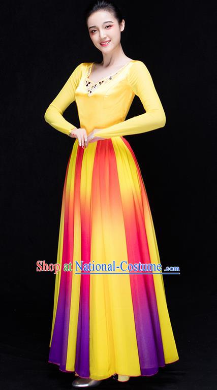 Traditional Chinese Classic Stage Performance Chorus Colorful Folk Dance Costumes Dress, Chorus Competition Costume, Compere Costumes for Women