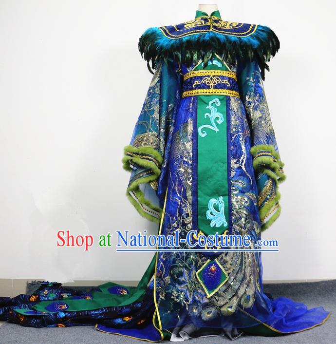 Traditional Chinese Ancient Dragon Emperor Men King Costumes, Chinese Emperor Peacock Clothes Complete Set for Men