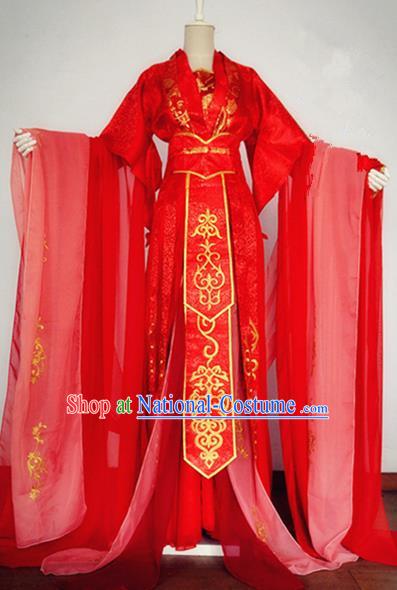 Traditional Chinese Ancient Princess Red Costumes, Chinese Han Dynasty Imperial Princess Wedding Bride Embroidery Clothes Complete Set for Women