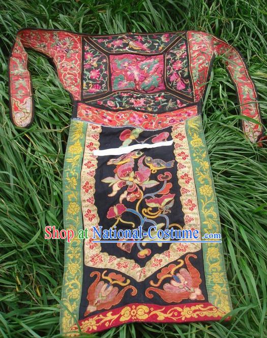 Traditional Chinese Miao Nationality Dancing Costume Apron, Hmong Female Folk Dance Ethnic Pinafore, Chinese Minority Nationality Handmade Embroidery Waist Pack for Women