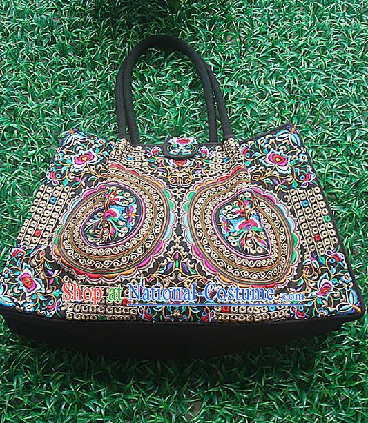 Traditional Chinese Miao Nationality Palace Handmade Double-Sided Embroidery Handbag Hmong Handmade Embroidery Canvas Bags for Women