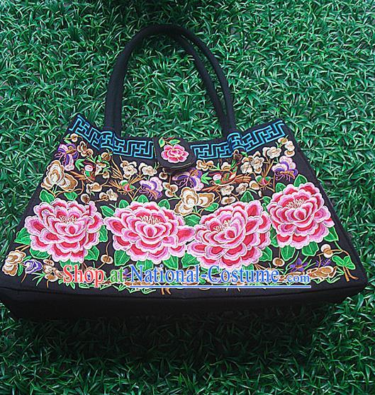 Traditional Chinese Miao Nationality Palace Handmade Double-Sided Embroidery Handbag Hmong Handmade Embroidery Canvas Bags for Women