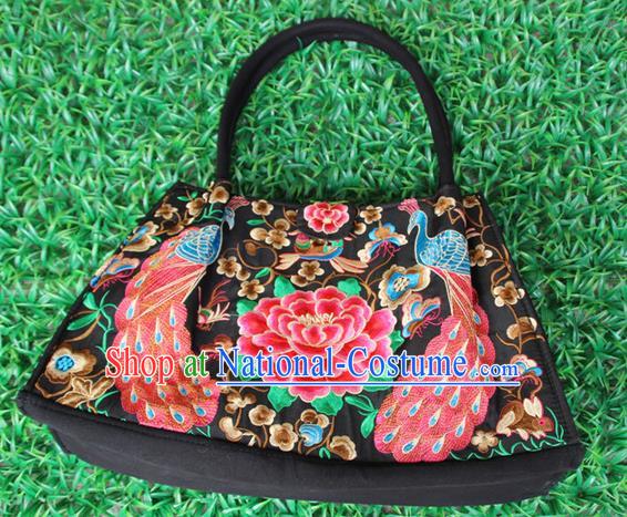 Traditional Chinese Miao Nationality Palace Handmade Double-Sided Embroidery Peacock Peony Handbag Hmong Handmade Embroidery Canvas Bags for Women