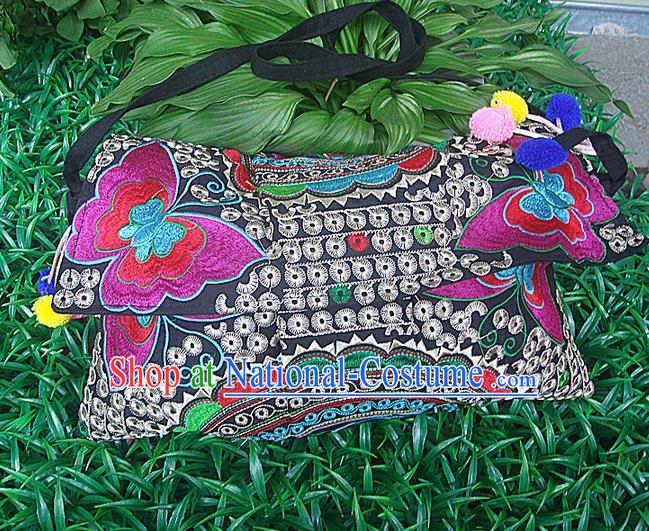 Traditional Chinese Miao Nationality Palace Handmade Double-Sided Embroidery Peony Handbag Hmong Handmade Embroidery Canvas Messenger Bags for Women