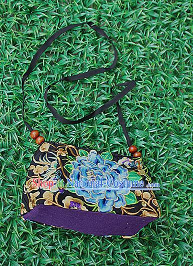 Traditional Chinese Miao Nationality Palace Handmade Double-Sided Embroidery Peony Handbag Hmong Handmade Embroidery Canvas Messenger Bags for Women