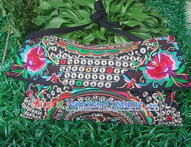 Traditional Chinese Miao Nationality Palace Handmade Single-Sided Embroidery Peony Handbag Hmong Handmade Embroidery Canvas Messenger Bags for Women