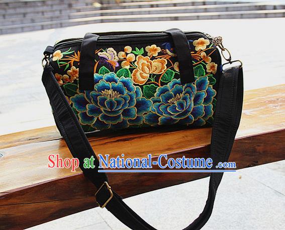 Traditional Chinese Miao Nationality Palace Handmade Four-Sided Embroidery Peony Handbag Hmong Handmade Embroidery Canvas Messenger Bags for Women