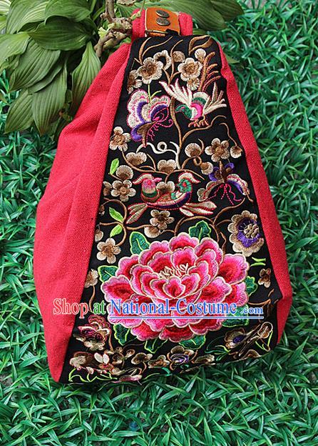 Traditional Chinese Miao Nationality Palace Handmade Single-Sided Embroidery Peony Backpack Hmong Handmade Embroidery Canvas Shoulders Bags for Women