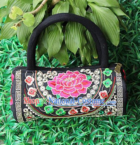 Traditional Chinese Miao Nationality Palace Handmade Four-Sided Embroidery Peony Handbag Hmong Handmade Embroidery Canvas Bags for Women