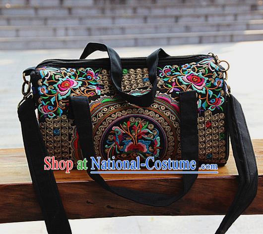 Traditional Chinese Miao Nationality Palace Handmade Four-Sided Embroidery Peony Handbag Hmong Handmade Embroidery Canvas Messenger Bags for Women