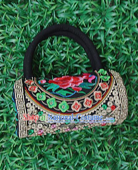 Traditional Chinese Miao Nationality Palace Handmade Four-Sided Embroidery Peony Handbag Hmong Handmade Embroidery Canvas Bags for Women