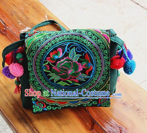 Traditional Chinese Miao Nationality Palace Handmade Single-Sided Embroidery Peony Handbag Hmong Handmade Embroidery Canvas Messenger Bags for Women