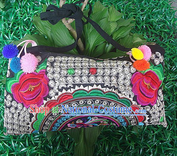 Traditional Chinese Miao Nationality Palace Handmade Double-Sided Embroidery Peony Handbag Hmong Handmade Embroidery Canvas Messenger Bags for Women