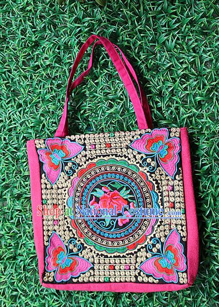 Traditional Chinese Miao Nationality Palace Handmade Single-Sided Embroidery Peony Butterfly Handbag Hmong Handmade Embroidery Canvas Single Shoulder Bags for Women