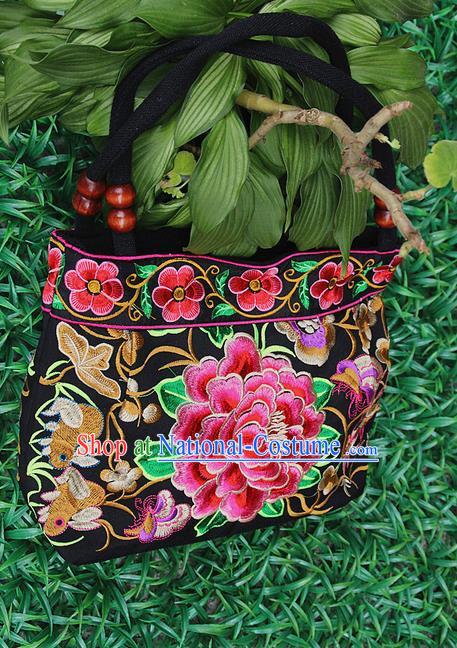 Traditional Chinese Miao Nationality Palace Handmade Double-Sided Embroidery Peony Handbag Hmong Handmade Embroidery Canvas Single Shoulder Bags for Women