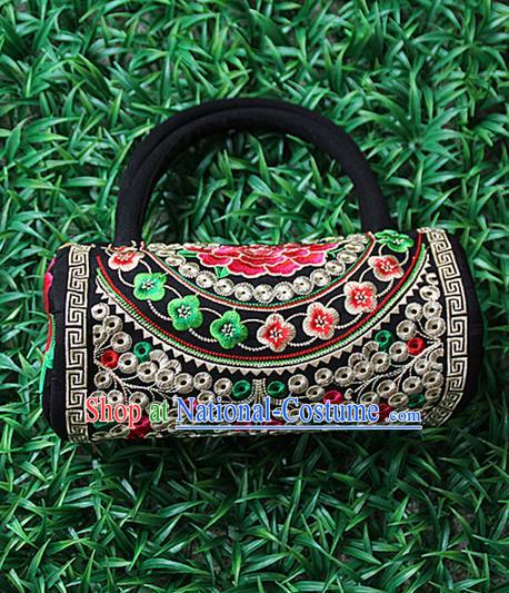 Traditional Chinese Miao Nationality Palace Handmade Four-Sided Embroidery Peony Handbag Hmong Handmade Embroidery Canvas Bags for Women