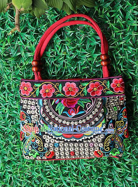 Traditional Chinese Miao Nationality Palace Handmade Double-Sided Embroidery Handbag Hmong Handmade Embroidery Canvas Single Shoulder Bags for Women