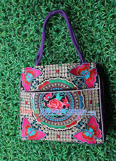 Traditional Chinese Miao Nationality Palace Handmade Single-Sided Embroidery Peony Butterfly Handbag Hmong Handmade Embroidery Canvas Single Shoulder Bags for Women