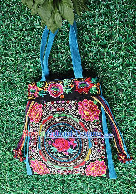 Traditional Chinese Miao Nationality Palace Handmade Single-Sided Embroidery Peony Handbag Hmong Handmade Embroidery Canvas Single Shoulder Bags for Women