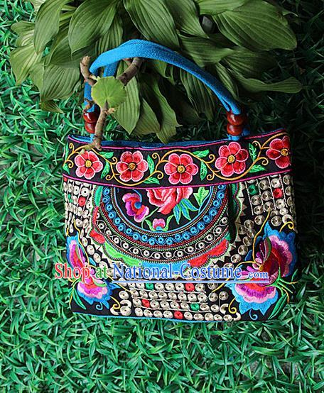 Traditional Chinese Miao Nationality Palace Handmade Double-Sided Embroidery Peony Handbag Hmong Handmade Embroidery Canvas Single Shoulder Bags for Women