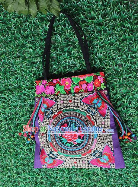 Traditional Chinese Miao Nationality Palace Handmade Single-Sided Embroidery Butterfly Peony Handbag Hmong Handmade Embroidery Canvas Single Shoulder Bags for Women