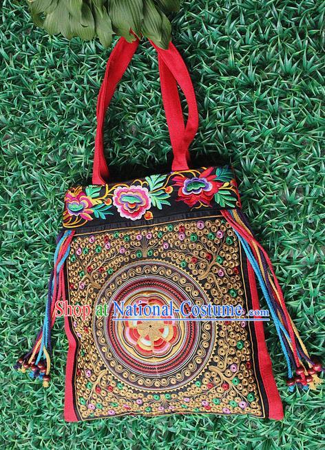 Traditional Chinese Miao Nationality Palace Handmade Single-Sided Embroidery Butterfly Peony Handbag Hmong Handmade Embroidery Canvas Single Shoulder Bags for Women