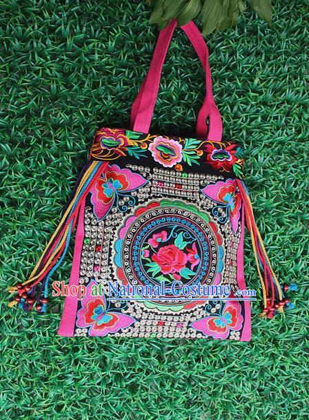 Traditional Chinese Miao Nationality Palace Handmade Single-Sided Embroidery Butterfly Peony Handbag Hmong Handmade Embroidery Canvas Single Shoulder Bags for Women