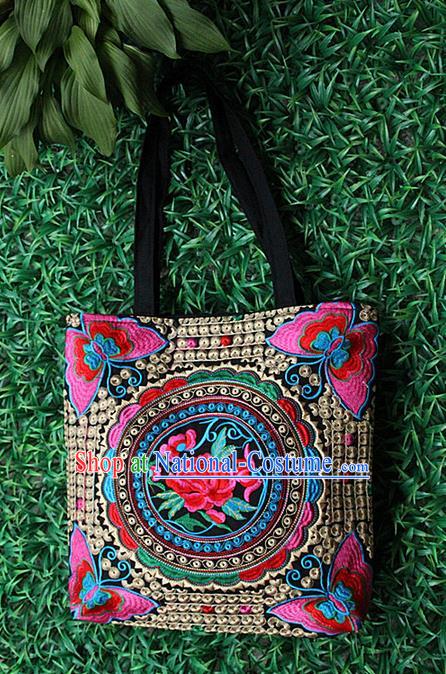 Traditional Chinese Miao Nationality Palace Handmade Single-Sided Embroidery Peony Handbag Hmong Handmade Embroidery Canvas Bags for Women