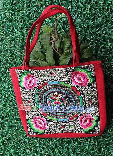 Traditional Chinese Miao Nationality Palace Handmade Single-Sided Embroidery Peony Handbag Hmong Handmade Embroidery Canvas Single Shoulder Bags for Women