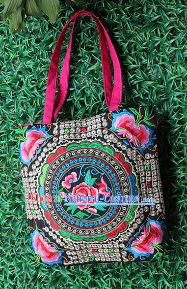 Traditional Chinese Miao Nationality Palace Handmade Single-Sided Embroidery Peony Butterfly Handbag Hmong Handmade Embroidery Canvas Single Shoulder Bags for Women