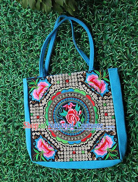 Traditional Chinese Miao Nationality Palace Handmade Single-Sided Embroidery Peony Butterfly Handbag Hmong Handmade Embroidery Canvas Single Shoulder Bags for Women