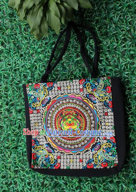 Traditional Chinese Miao Nationality Palace Handmade Single-Sided Embroidery Handbag Hmong Handmade Embroidery Canvas Single Shoulder Bags for Women